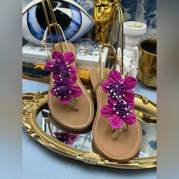 🆕 CHICO'S 🧿 NWOB Sunset Flower Sandal, Pink Hand Beaded Flower Detail - Sz 7US - Picture 7 of 13